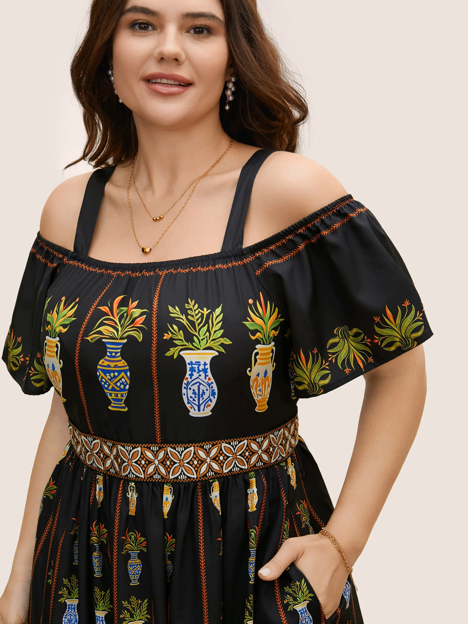 Boho Print Off Shoulder Woven Ribbon Dress