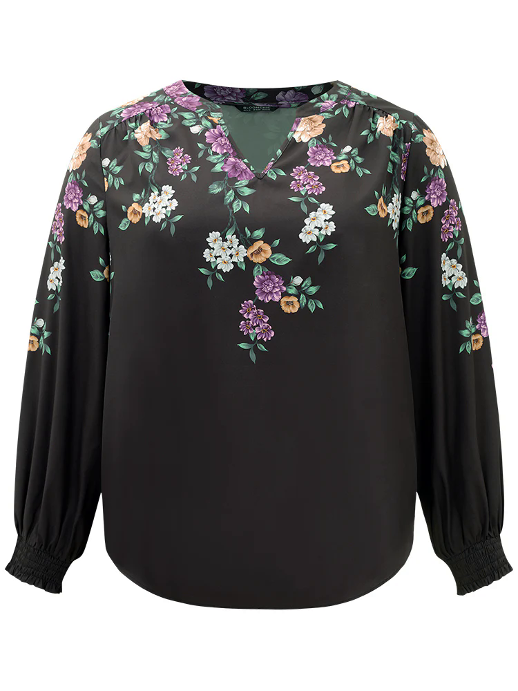Floral Print Shirred Curved Hem Blouse Floral Print Shirred Curved Hem Blouse