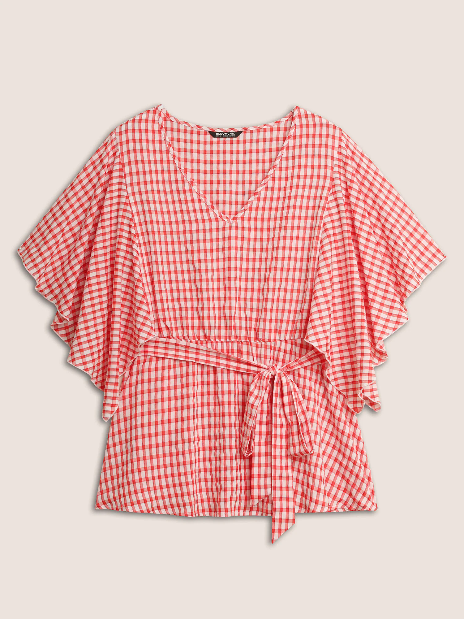V Neck Gingham Tie Knot Ruffles Blouse V Neck Gingham Tie Knot Ruffles Blouse