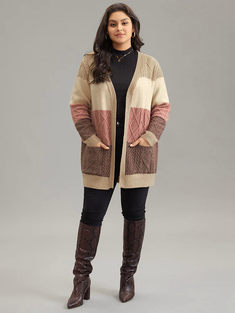 Anti-Pilling Cable Knit Colorblock Patched Pocket Cardigan