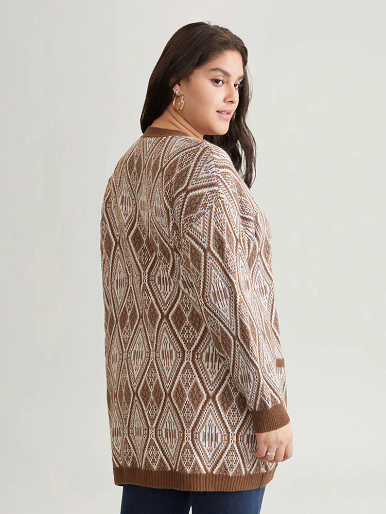 Geometric Graphic Patched Pocket Jacquard Cardigan Geometric Graphic Patched Pocket Jacquard Cardigan