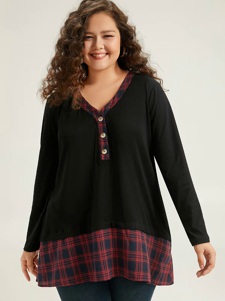 Plaid Patchwork Button Through T-shirt Plaid Patchwork Button Through T-shirt