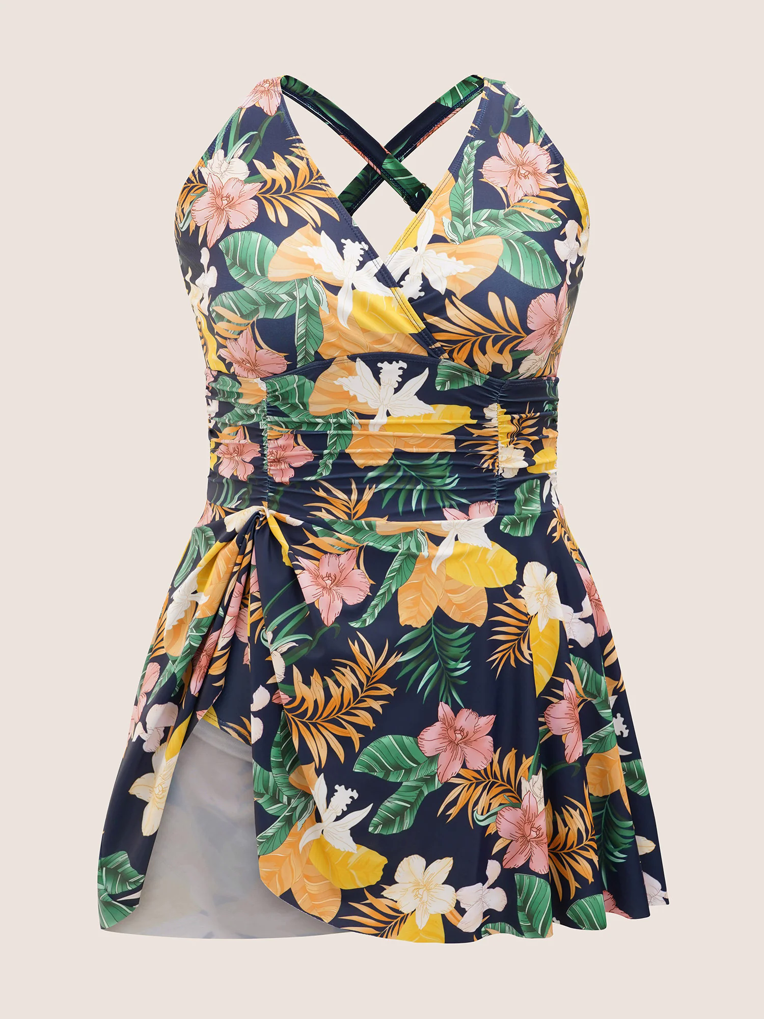 Tropical Adjustable Straps Ruched Swim Dress Tropical Adjustable Straps Ruched Swim Dress