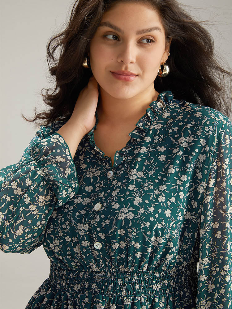 Ditsy Floral Chiffon Shirred Ruffles Frill Trim Blouse Ditsy Floral Chiffon Shirred Ruffles Frill Trim Blouse