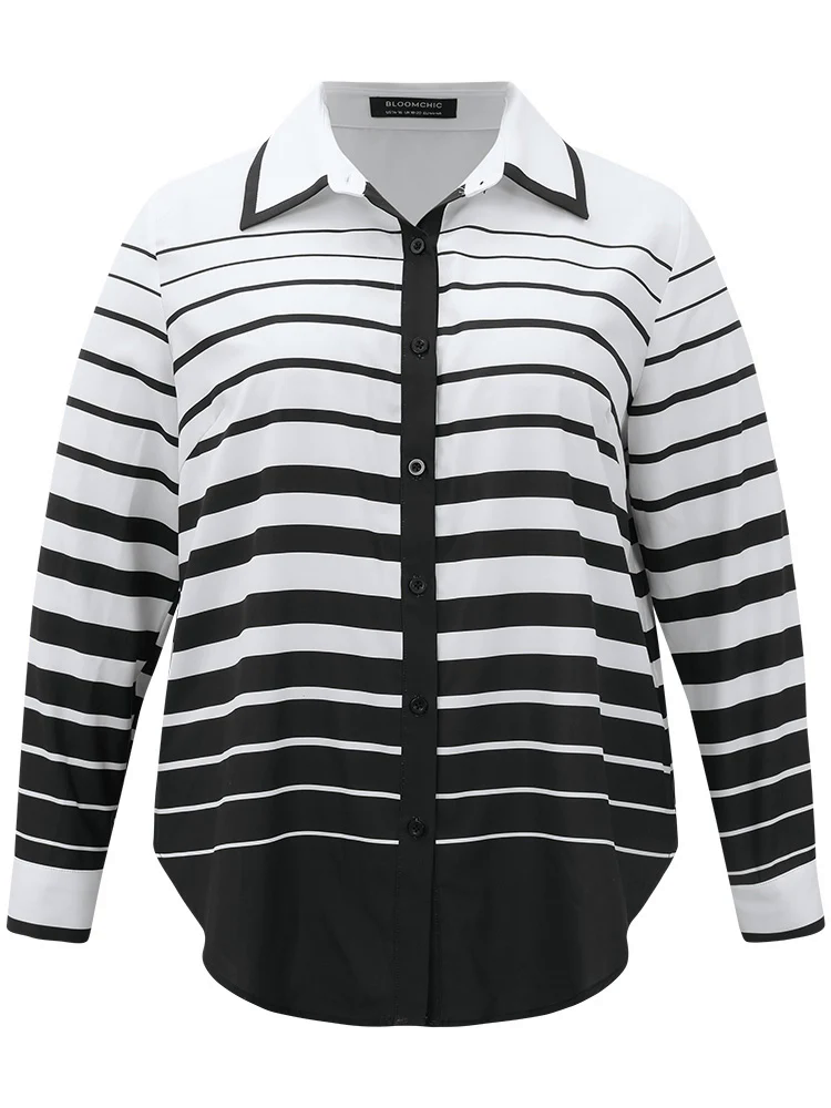 Striped Button Through Curved Hem Blouse