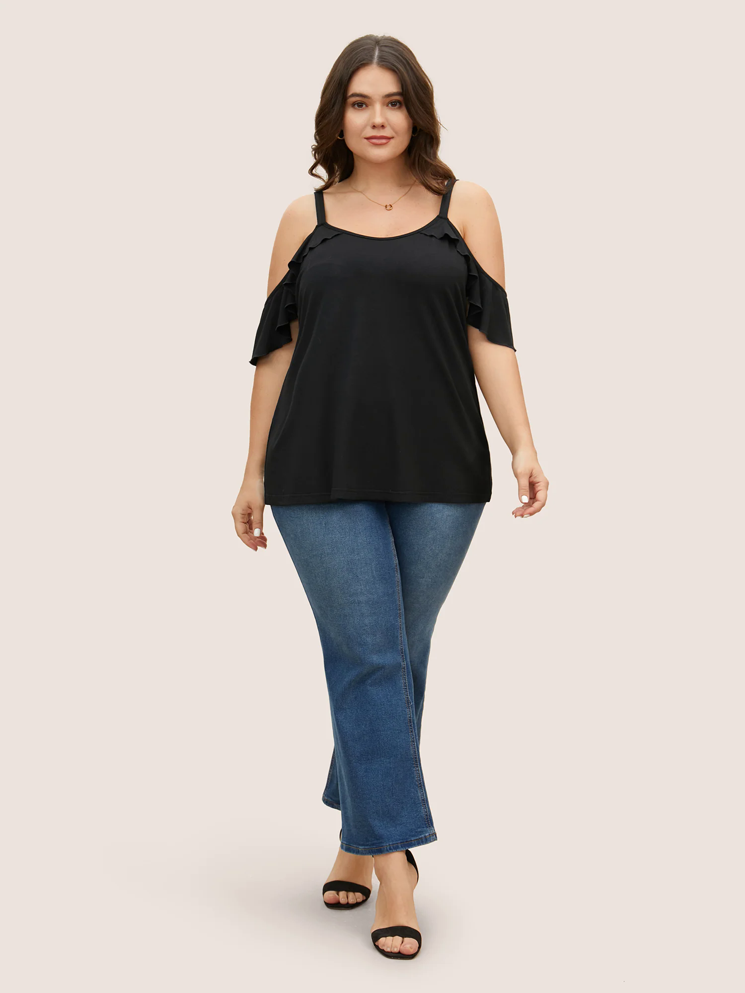 Plain Cold Shoulder Ruffle Trim T-shirt Plain Cold Shoulder Ruffle Trim T-shirt