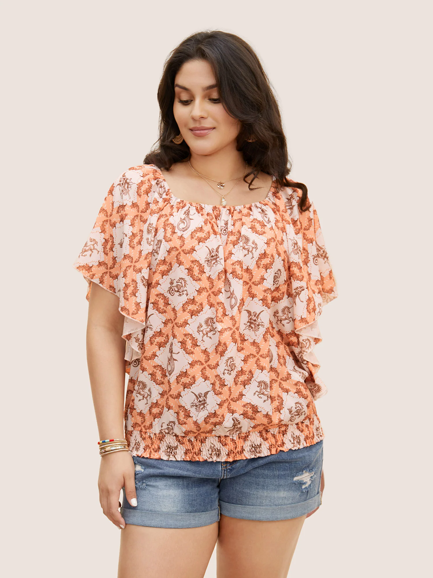 Moroccan Print Square Neck Dolman Sleeve Blouse