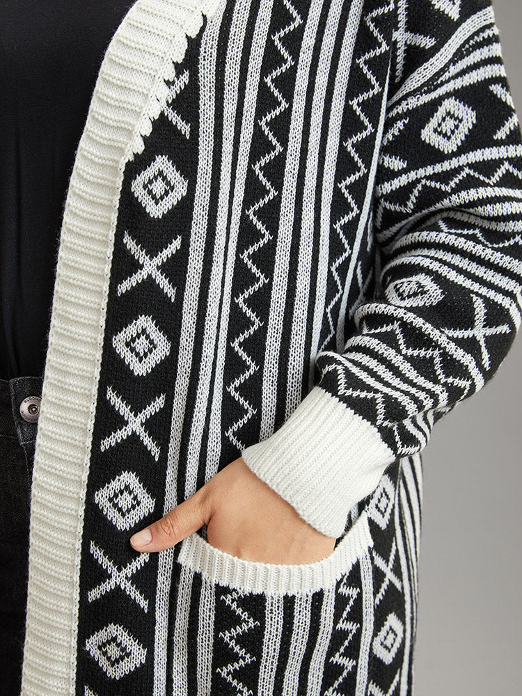 Geometric Bandana Contrast Pocket Cardigan Geometric Bandana Contrast Pocket Cardigan