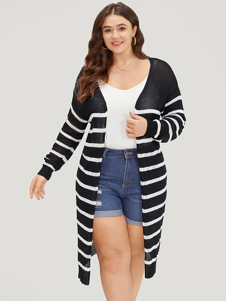 Striped Open Front Elastic Cuffs Drop Shoulder Cardigan