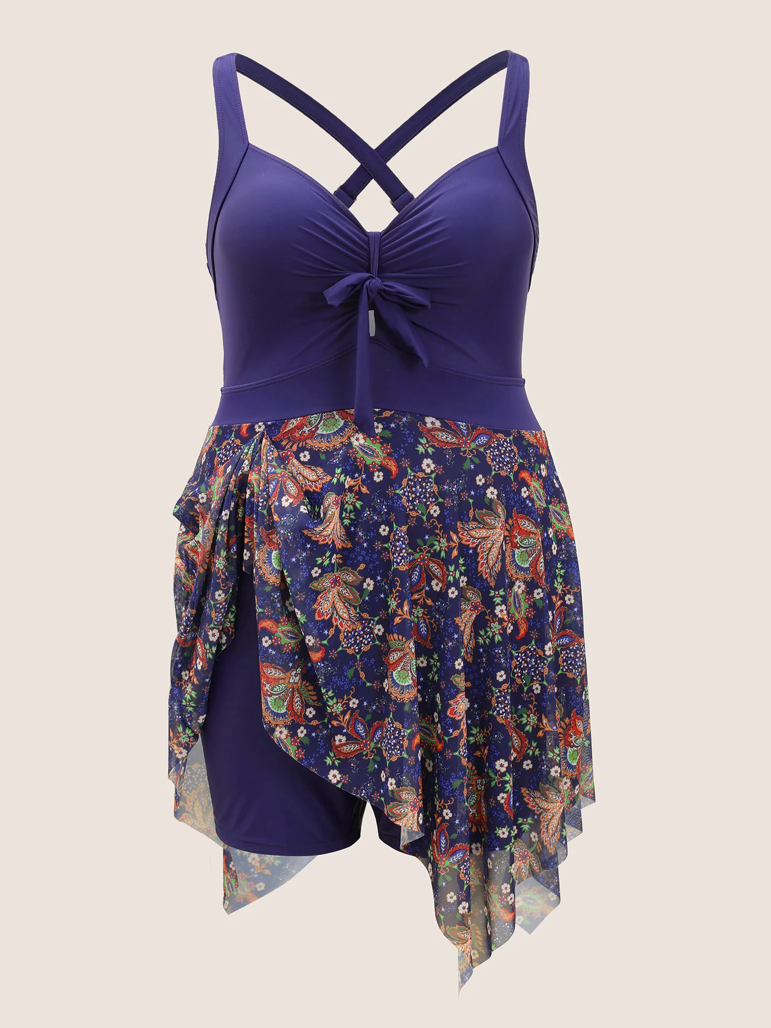 Patchwork Ruched Knot Asymmetrical Hem Swim Dress Patchwork Ruched Knot Asymmetrical Hem Swim Dress