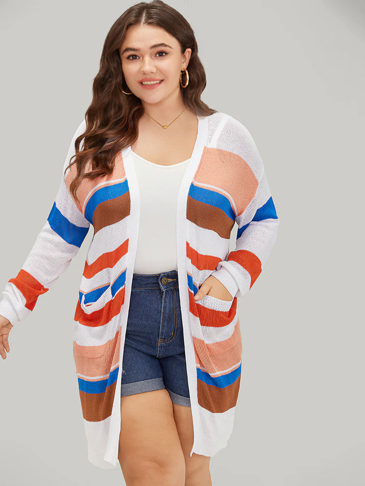 Colorblock Contrast Pocket Tunic Open Front Cardigan