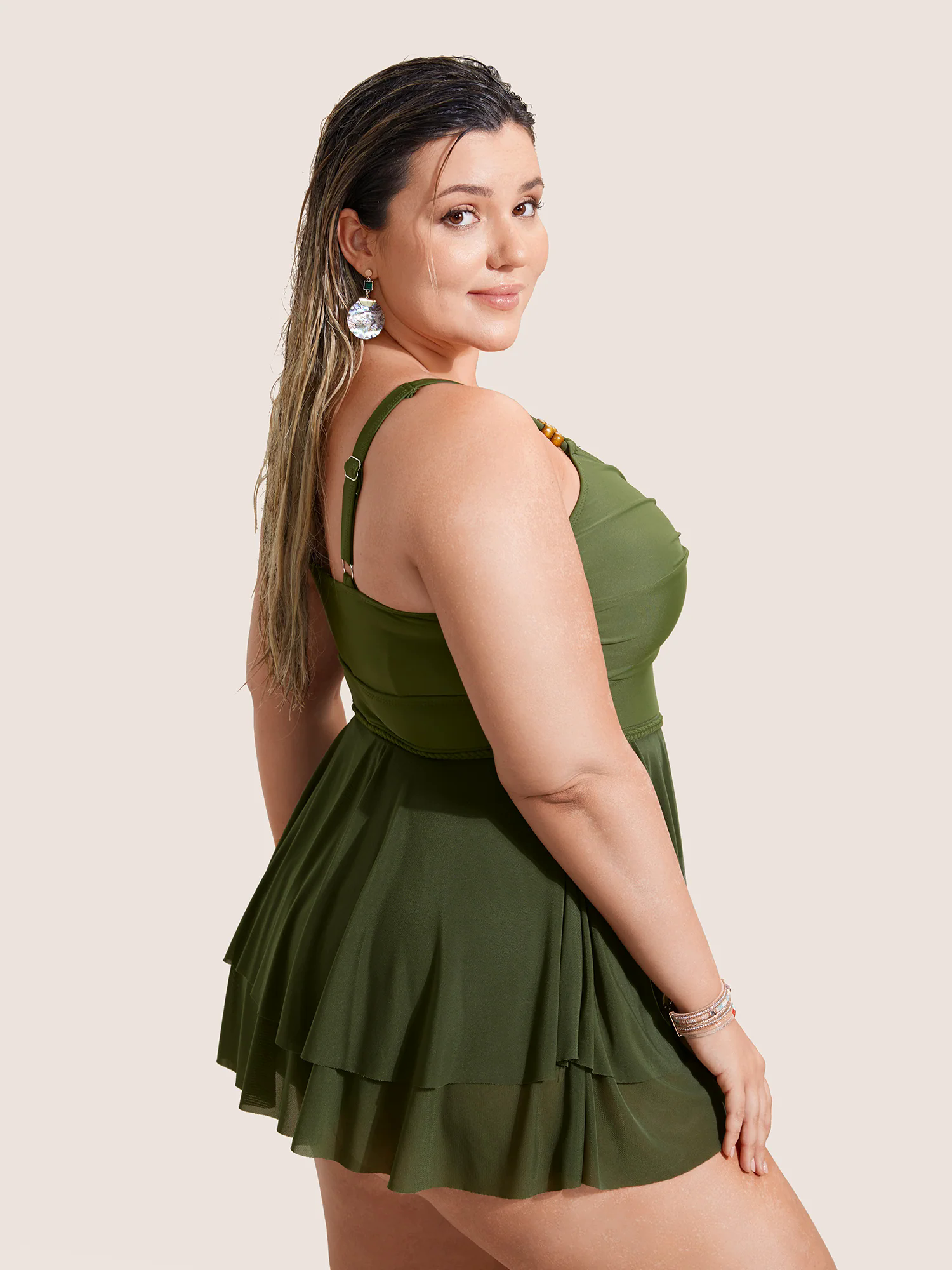 Solid Twist Front Tiered Hem Swim Dress Solid Twist Front Tiered Hem Swim Dress