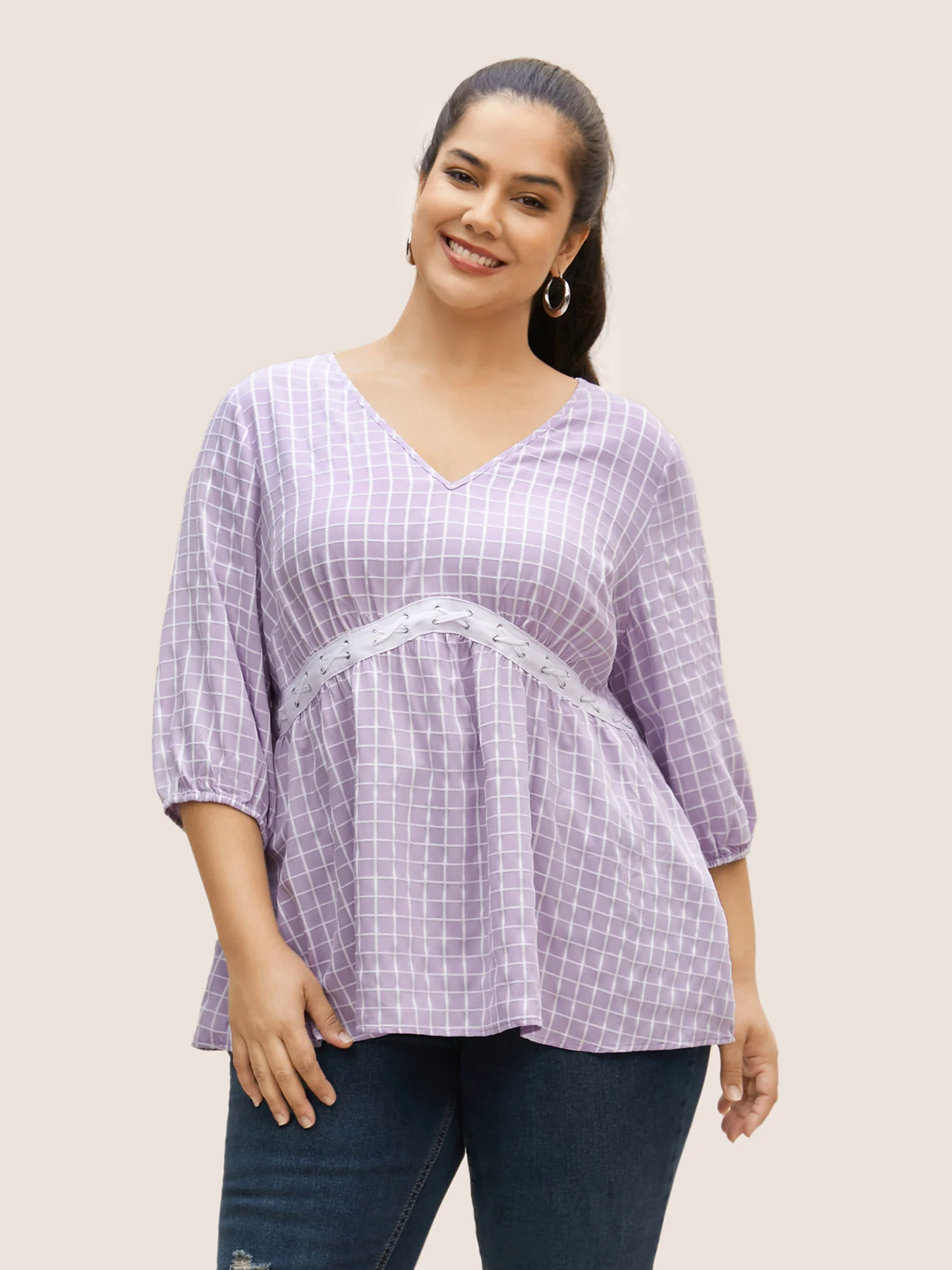 Gingham Patchwork Lantern Sleeve Blouse Gingham Patchwork Lantern Sleeve Blouse