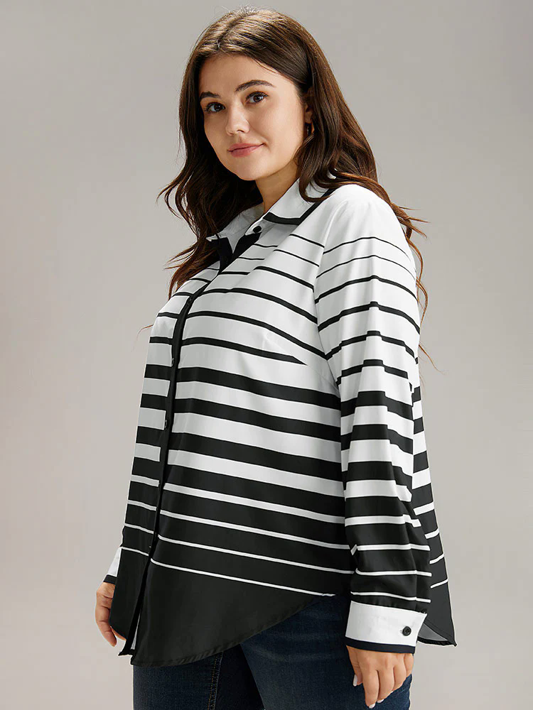 Striped Button Through Curved Hem Blouse