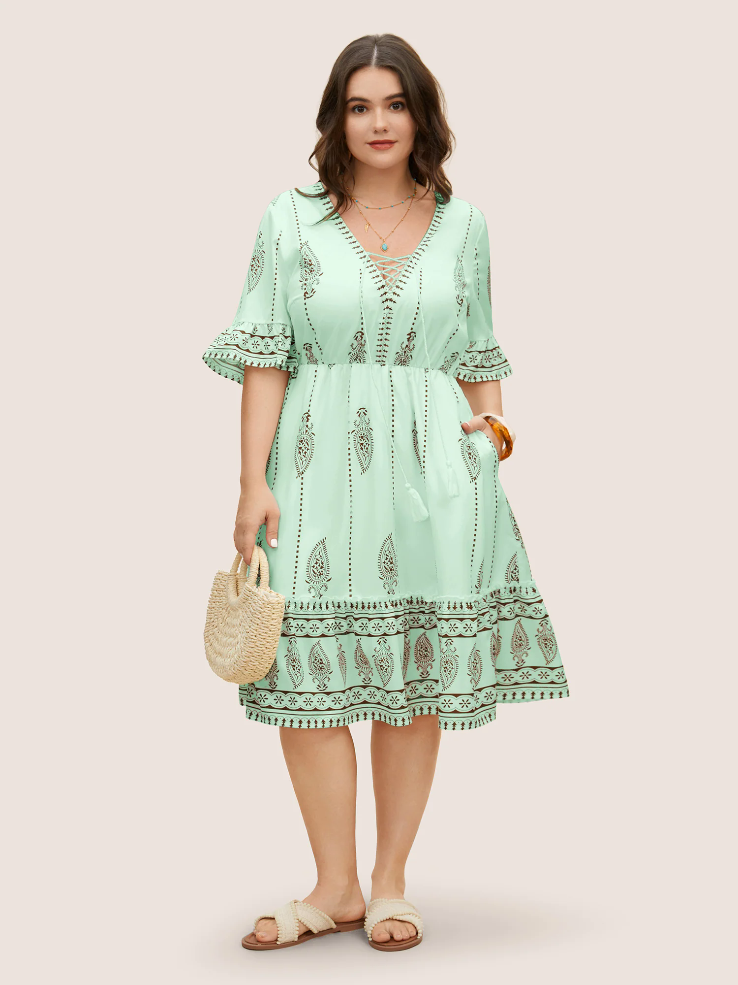Boho Print Cross Straps Tassels Ruffles Dress Boho Print Cross Straps Tassels Ruffles Dress