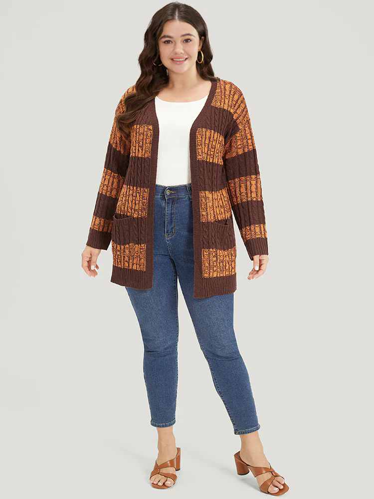 Halloween Colorblock Cable Knit Patched Pocket Cardigan Halloween Colorblock Cable Knit Patched Pocket Cardigan