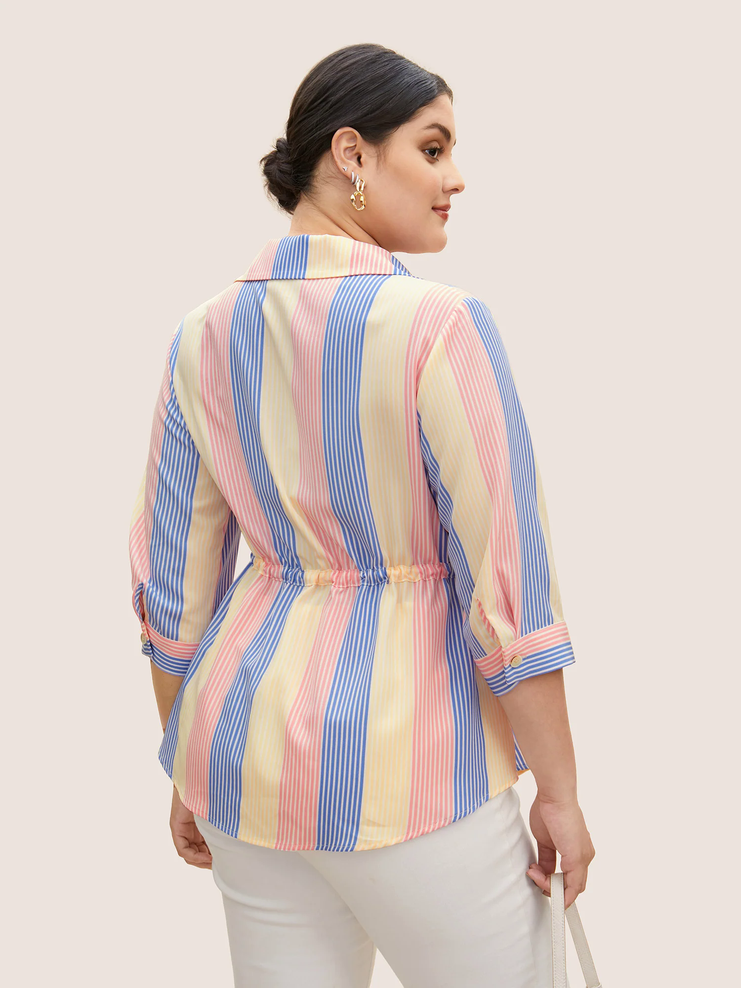 Contrast Striped Drawstring Patched Pocket Blouse Contrast Striped Drawstring Patched Pocket Blouse