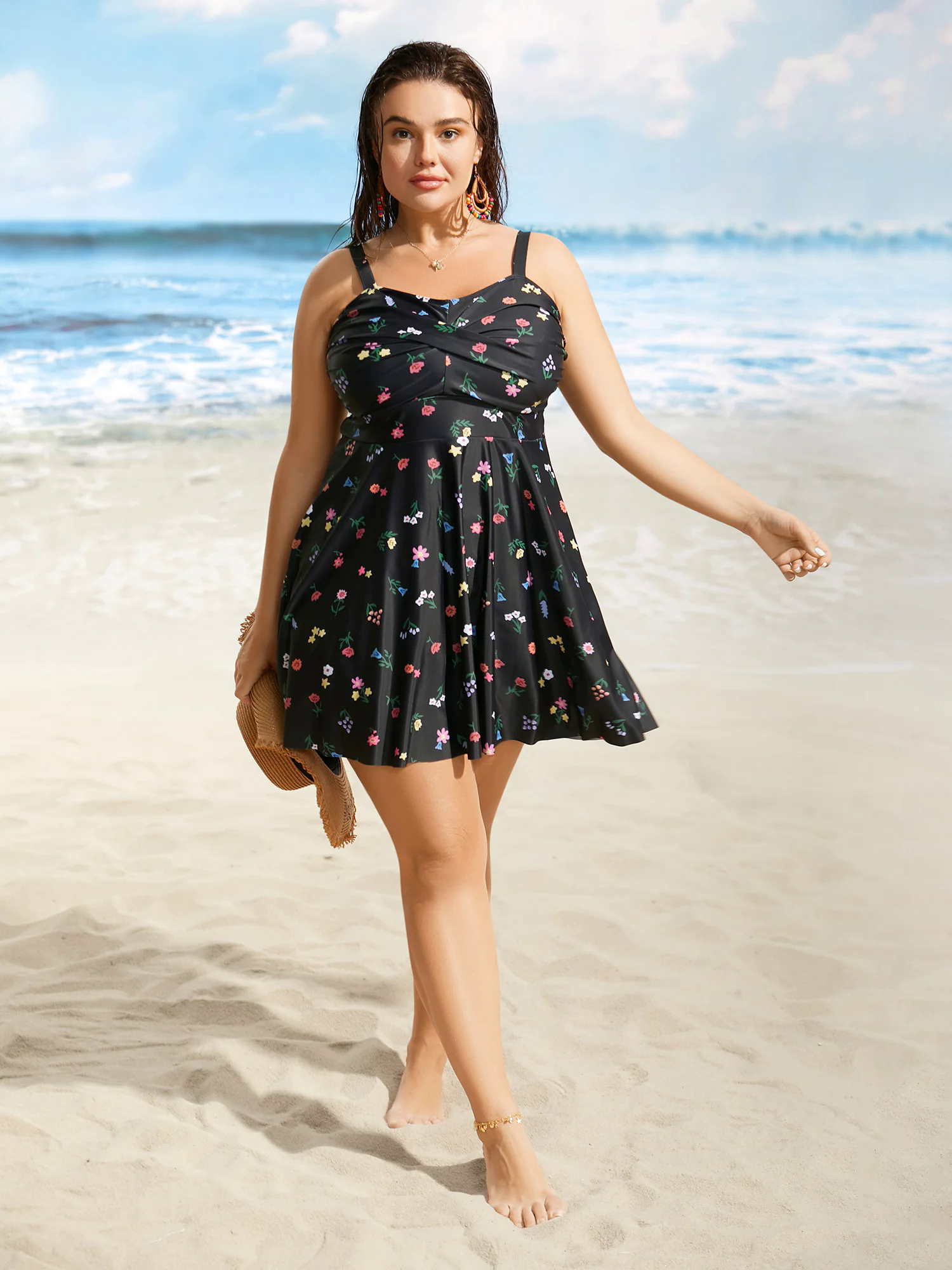 Heart Neckline Floral Twist Front Swim Dress Heart Neckline Floral Twist Front Swim Dress
