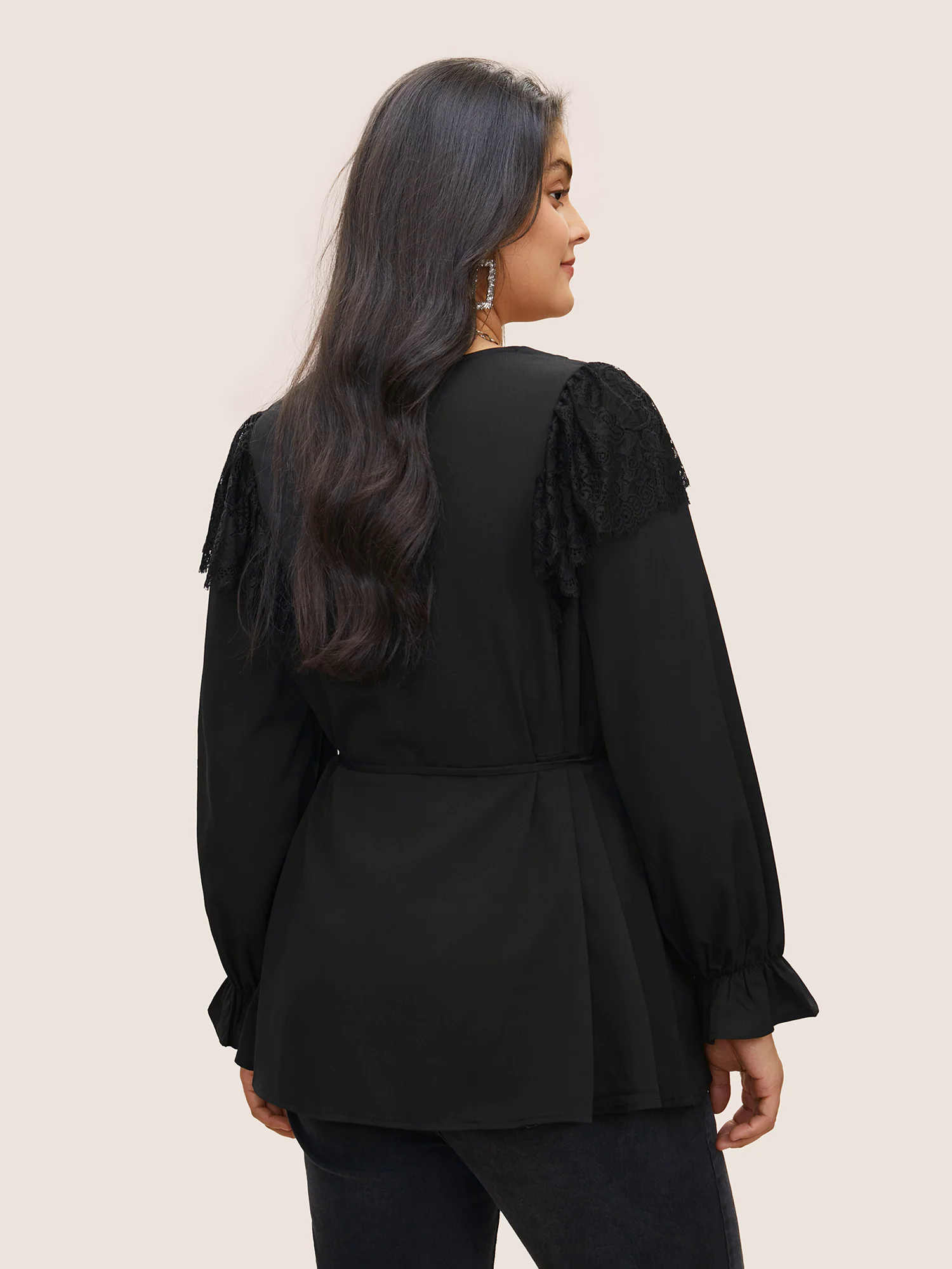 Solid Lace Panel Ties Patchwork Ruffles Blouse Solid Lace Panel Ties Patchwork Ruffles Blouse