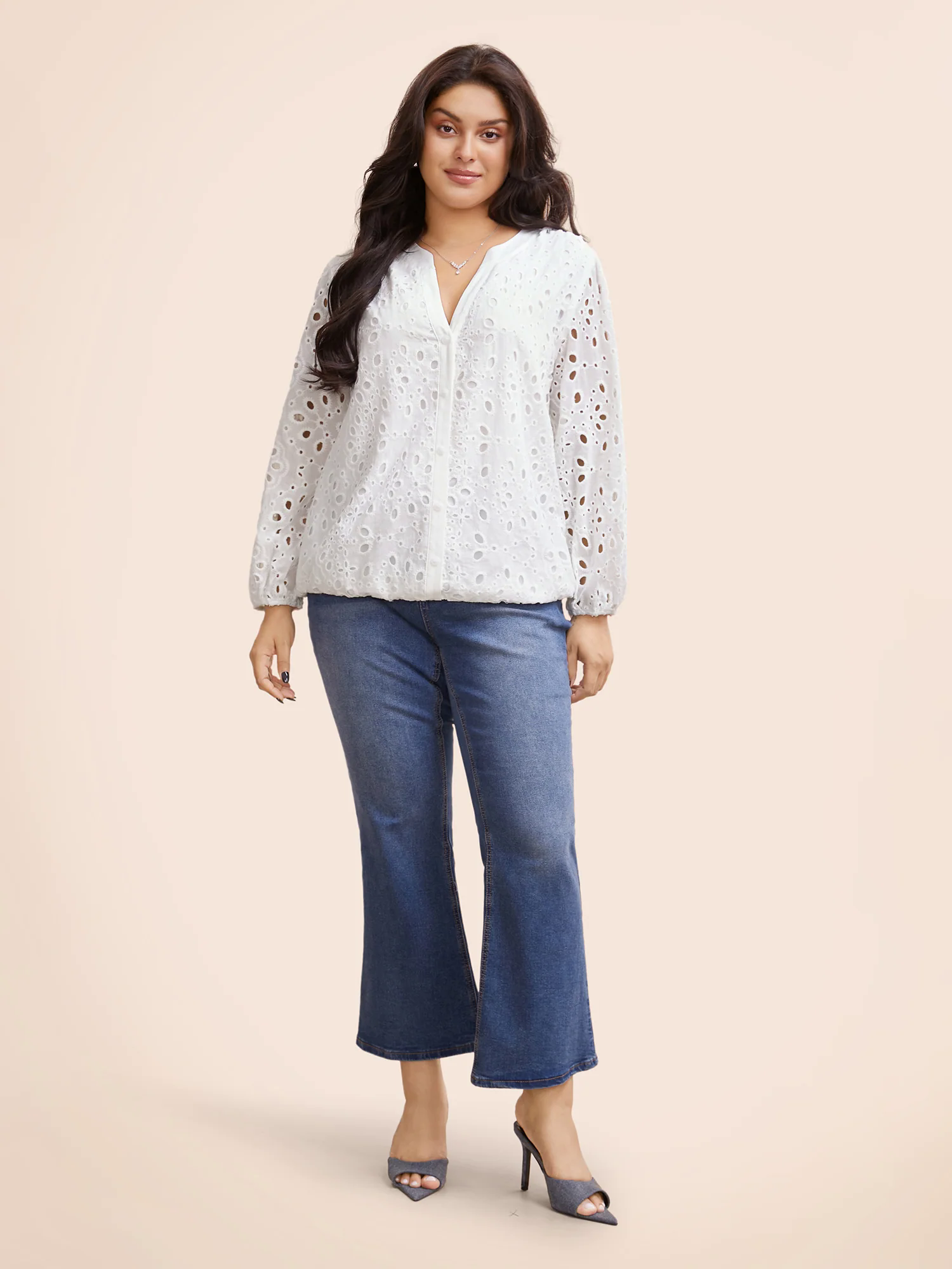 Notched Broderie Anglaise Lantern Sleeve Blouse Notched Broderie Anglaise Lantern Sleeve Blouse