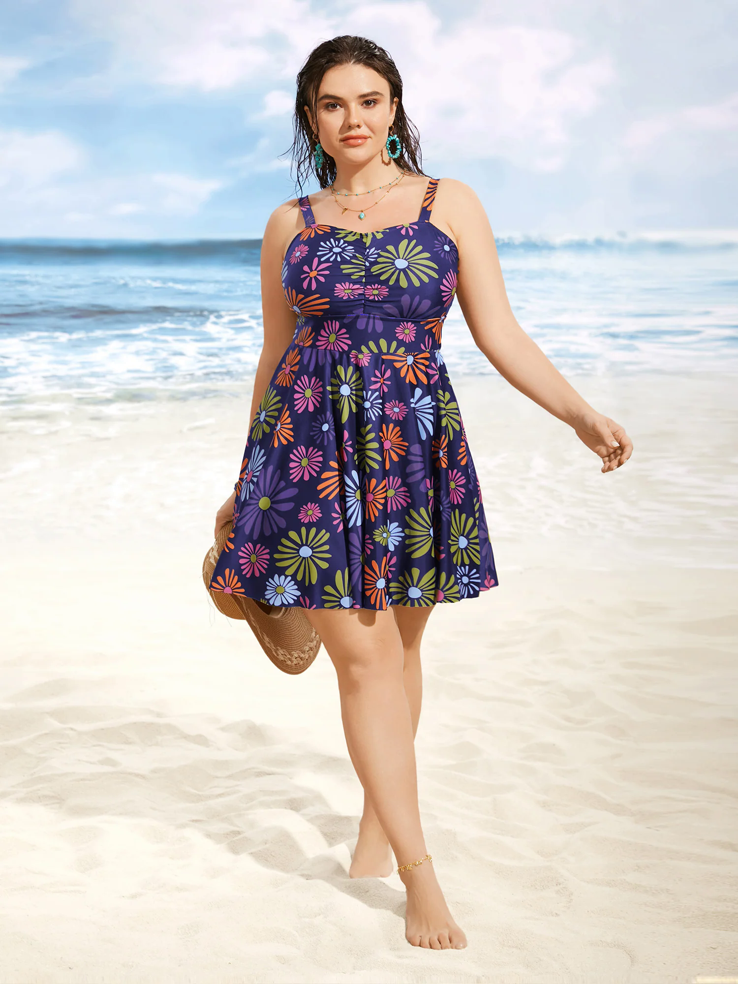 Floral Heart Neckline Ruched Swim Dress Floral Heart Neckline Ruched Swim Dress