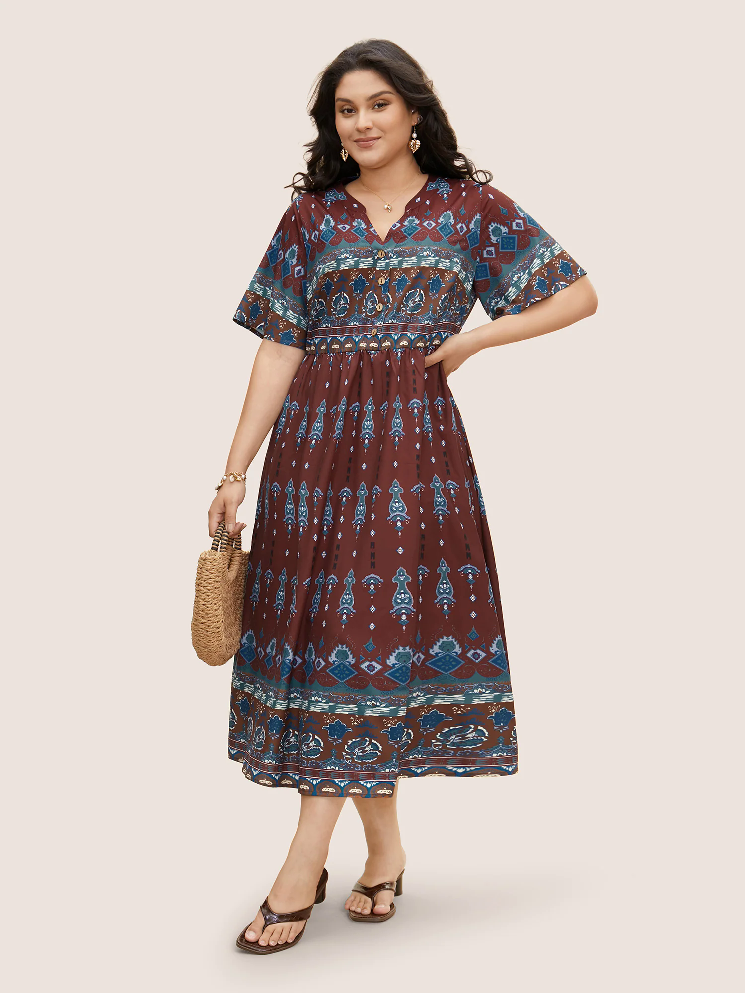 Bandana Print Notched Button Detail Dress