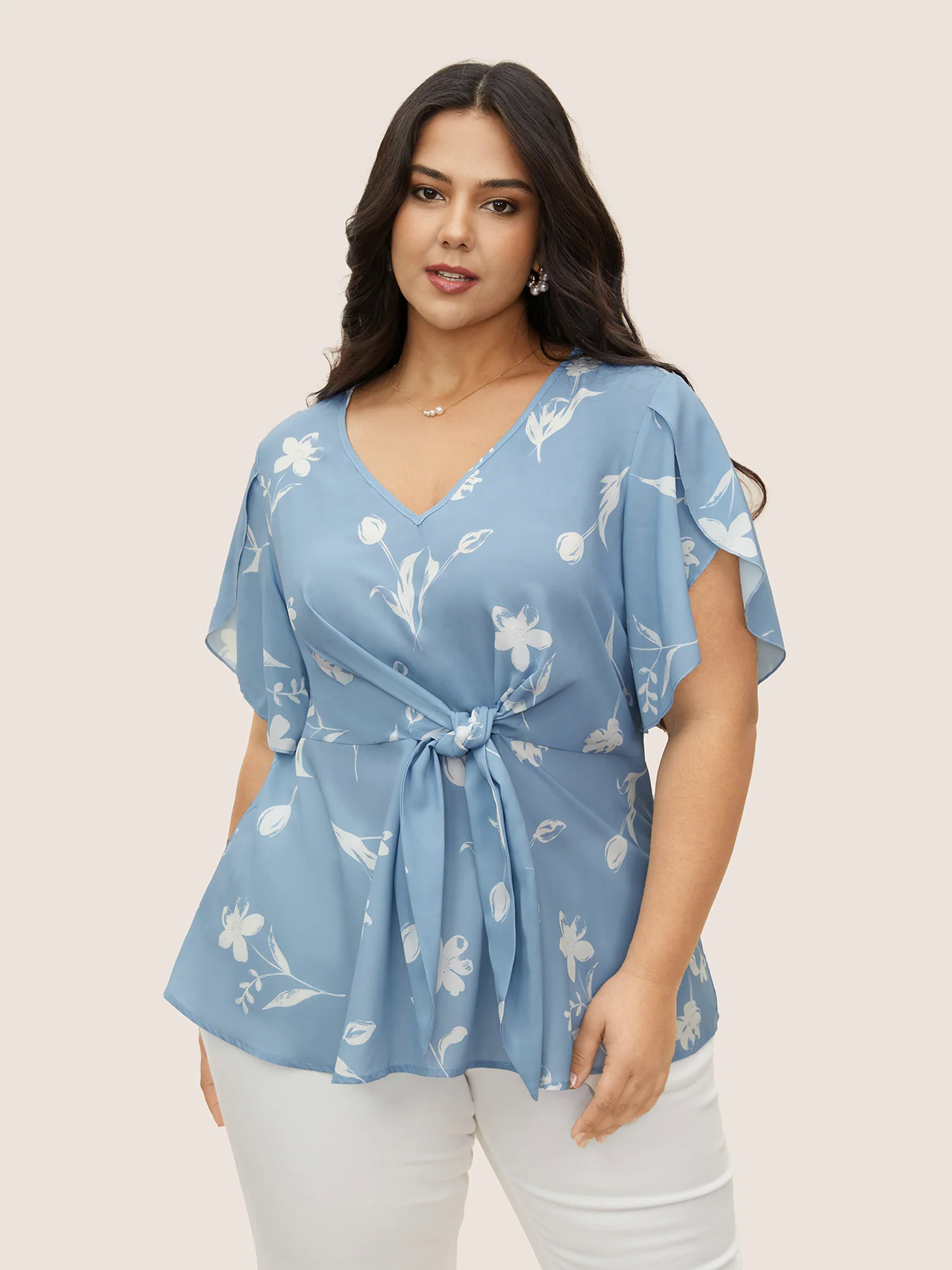 Floral Tie Knot Petal Sleeve Blouse
