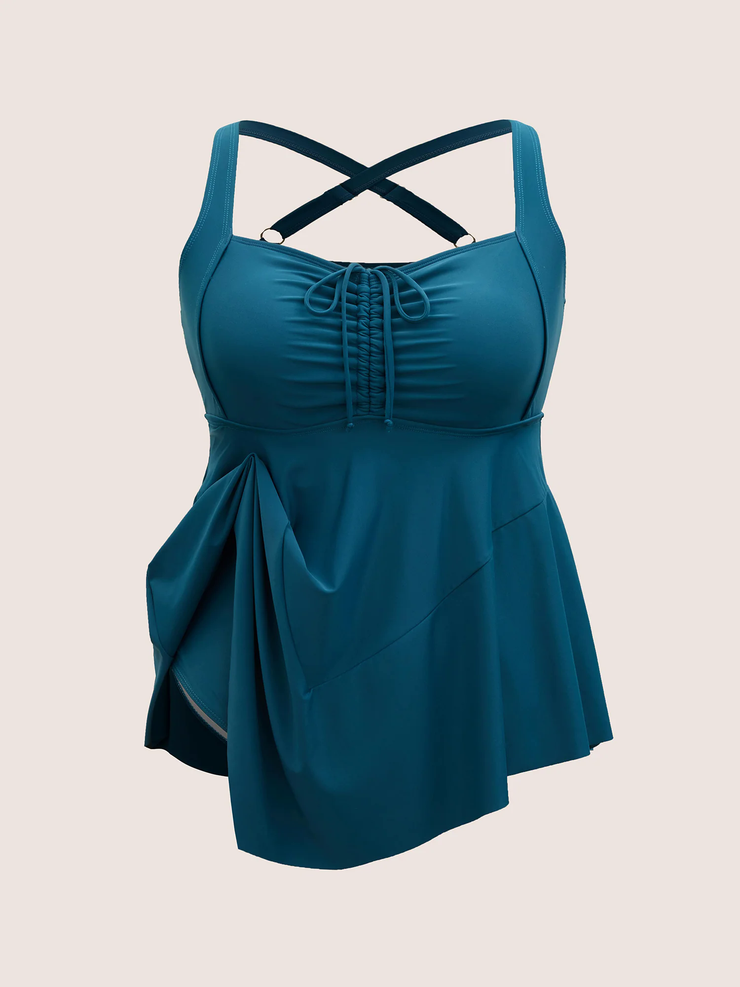 Plain Gathered Adjustable Straps Drawstring Swim Dress