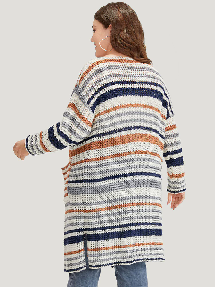 Contrast Striped Patched Pocket Split Side Cardigan Contrast Striped Patched Pocket Split Side Cardigan