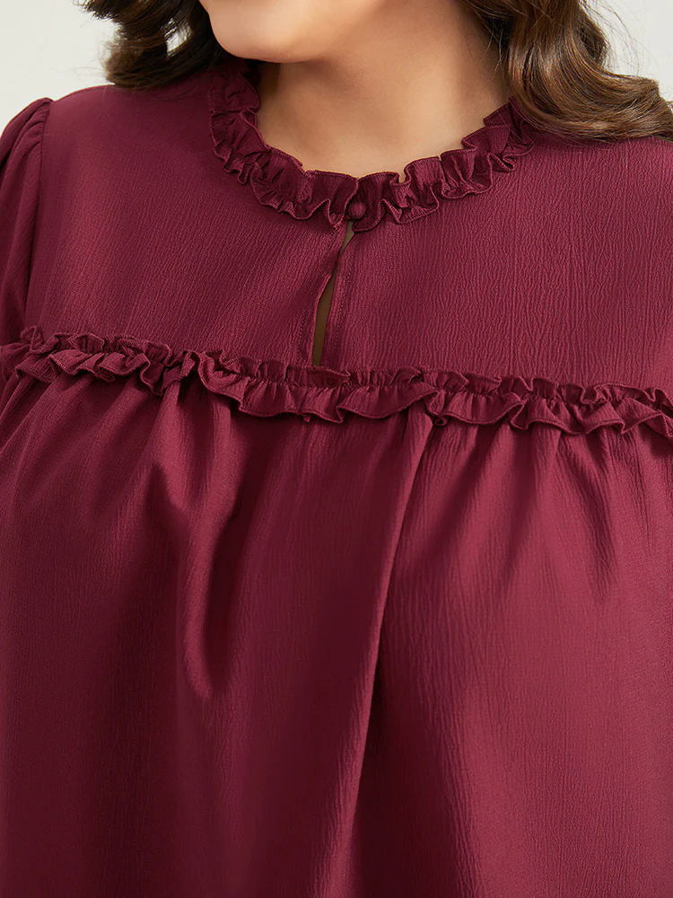 Solid Frill Trim Puff Sleeve Blouse Solid Frill Trim Puff Sleeve Blouse