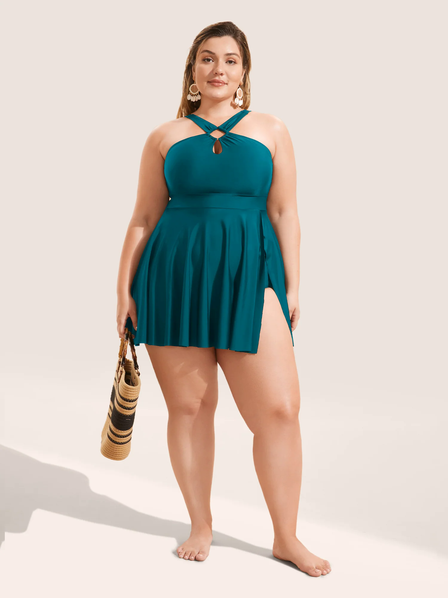 Plain Cut Out Split Side Swim Dress Plain Cut Out Split Side Swim Dress