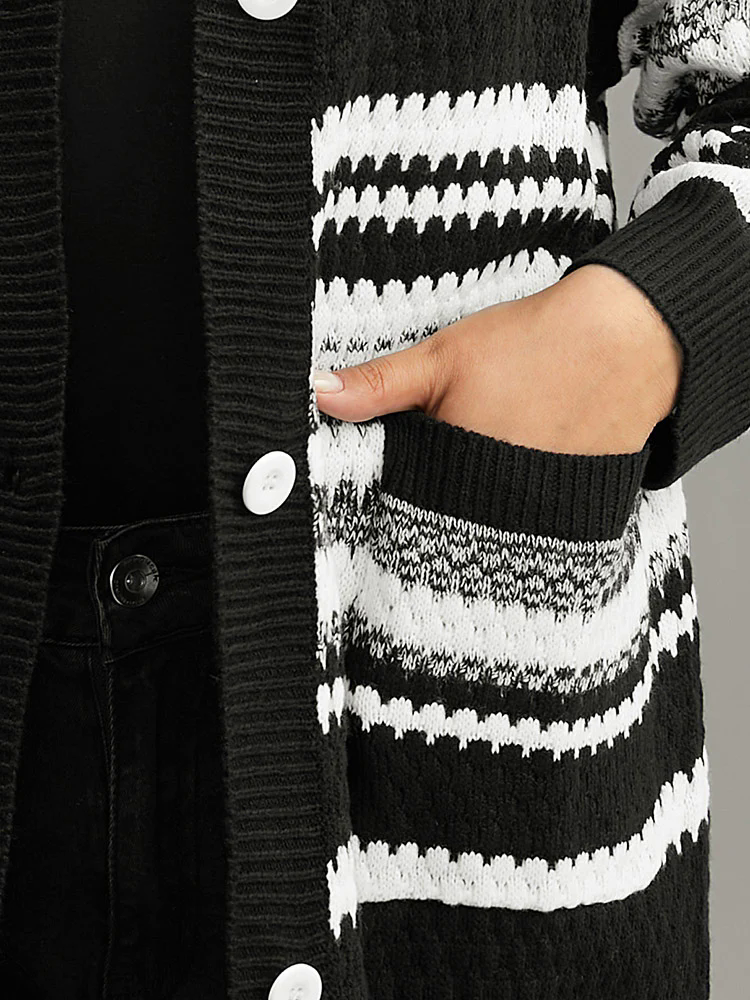 Striped Patched Pocket Button Up Cardigan Striped Patched Pocket Button Up Cardigan