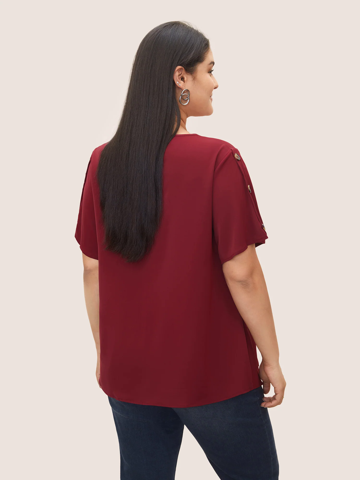 Plain Round Neck Button Detail Blouse