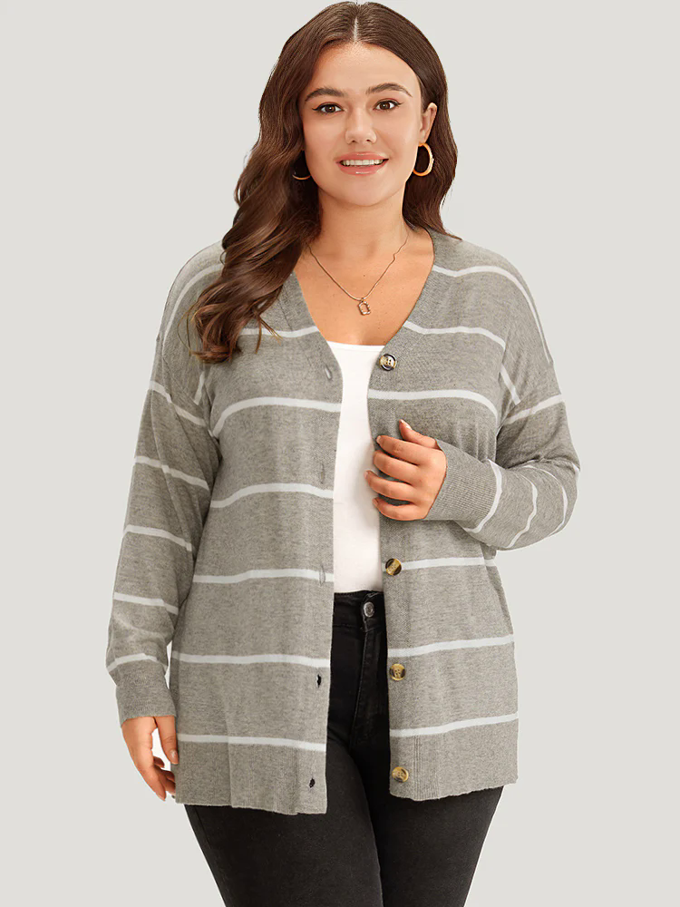 Supersoft Essentials Striped Button Through Elastic Cuffs Cardigan