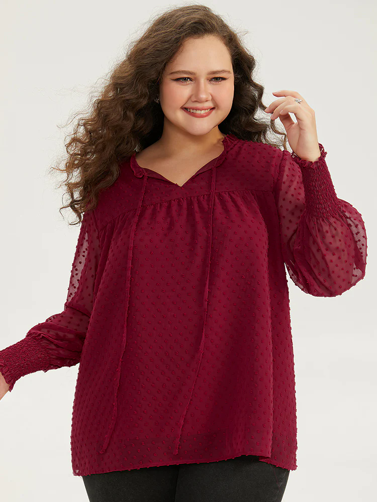 Halloween Solid Tie Neck Shirred Blouse Halloween Solid Tie Neck Shirred Blouse