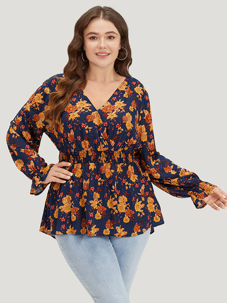 Floral Print Wrap Shirred Lantern Sleeve Blouse Floral Print Wrap Shirred Lantern Sleeve Blouse