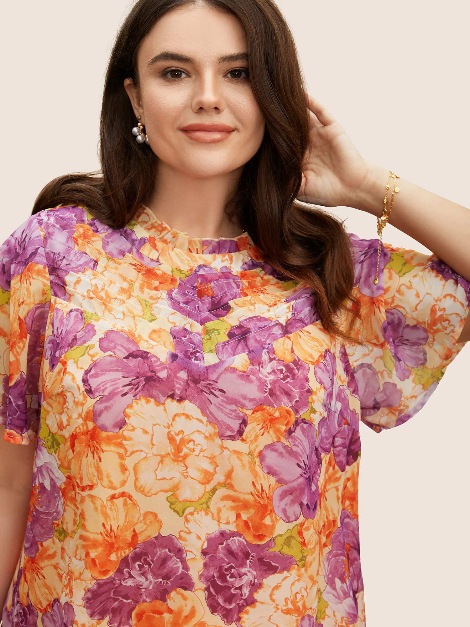Mock Neck Contrast Floral Flutter Sleeve Blouse Mock Neck Contrast Floral Flutter Sleeve Blouse