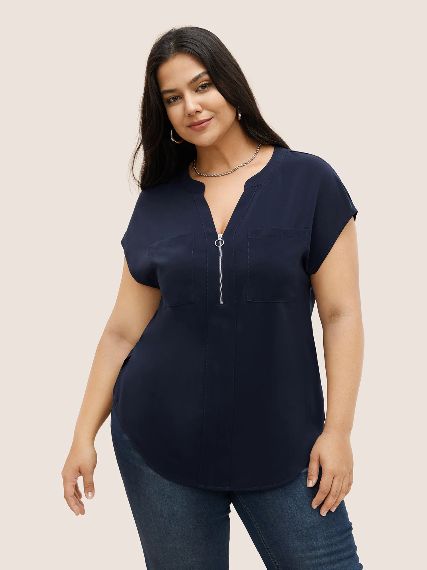Plain Half Zip Patched Pocket Dolman Sleeve Blouse