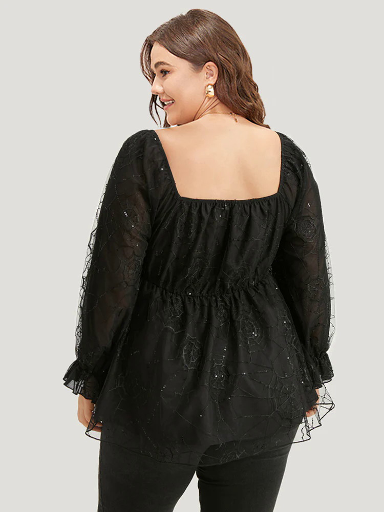 Halloween Square Neck Spider Web Crochet Lace Mesh Blouse Halloween Square Neck Spider Web Crochet Lace Mesh Blouse