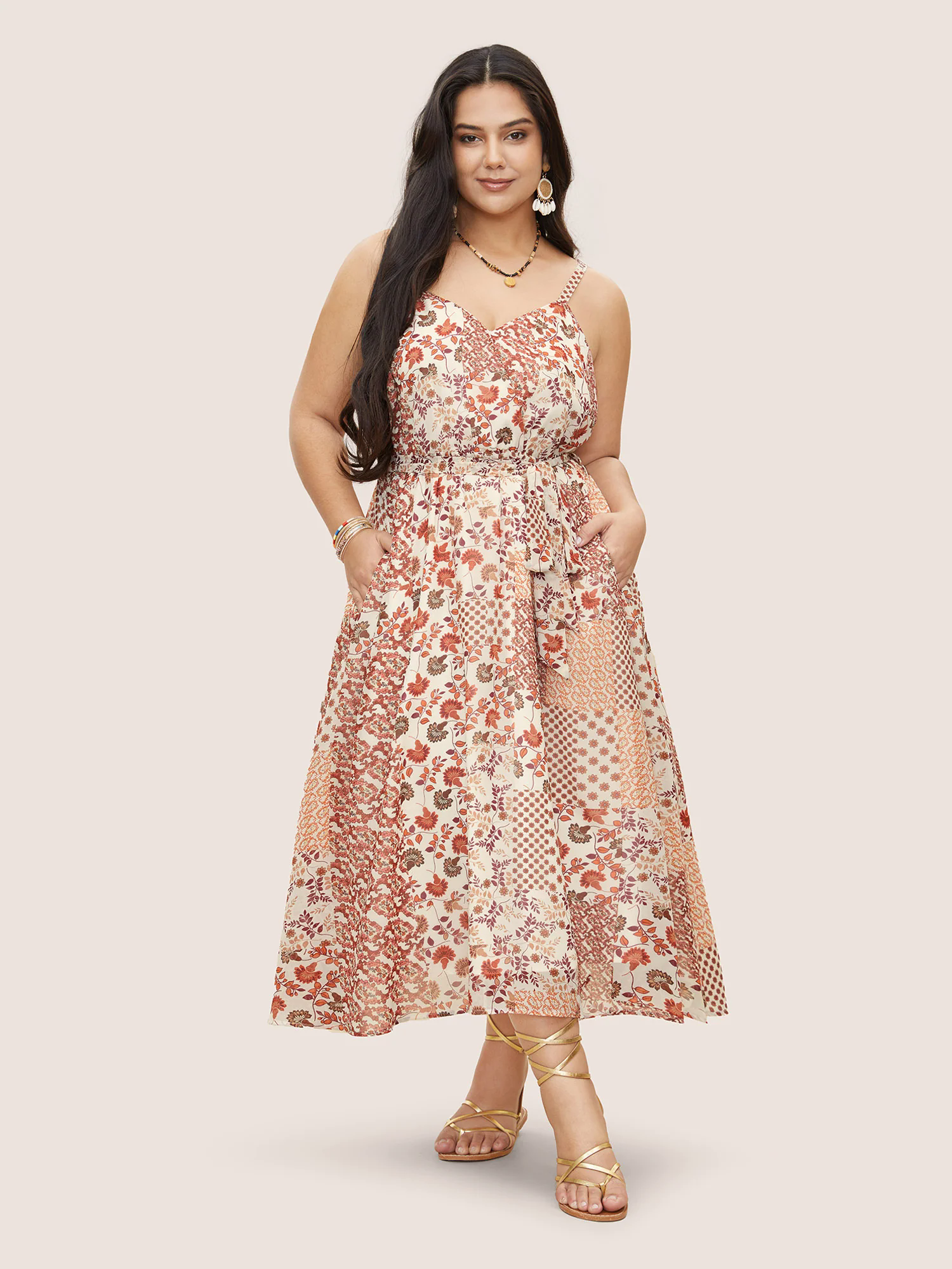 Chiffon Boho Print Wrap Belted Cami Dress Chiffon Boho Print Wrap Belted Cami Dress