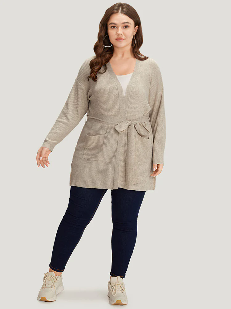 Plain Belted Patched Pocket Split Side Cardigan Plain Belted Patched Pocket Split Side Cardigan