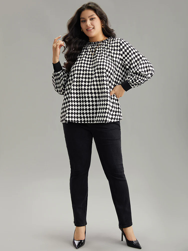 Halloween Check Frill Trim Gathered Patchwork Blouse Halloween Check Frill Trim Gathered Patchwork Blouse