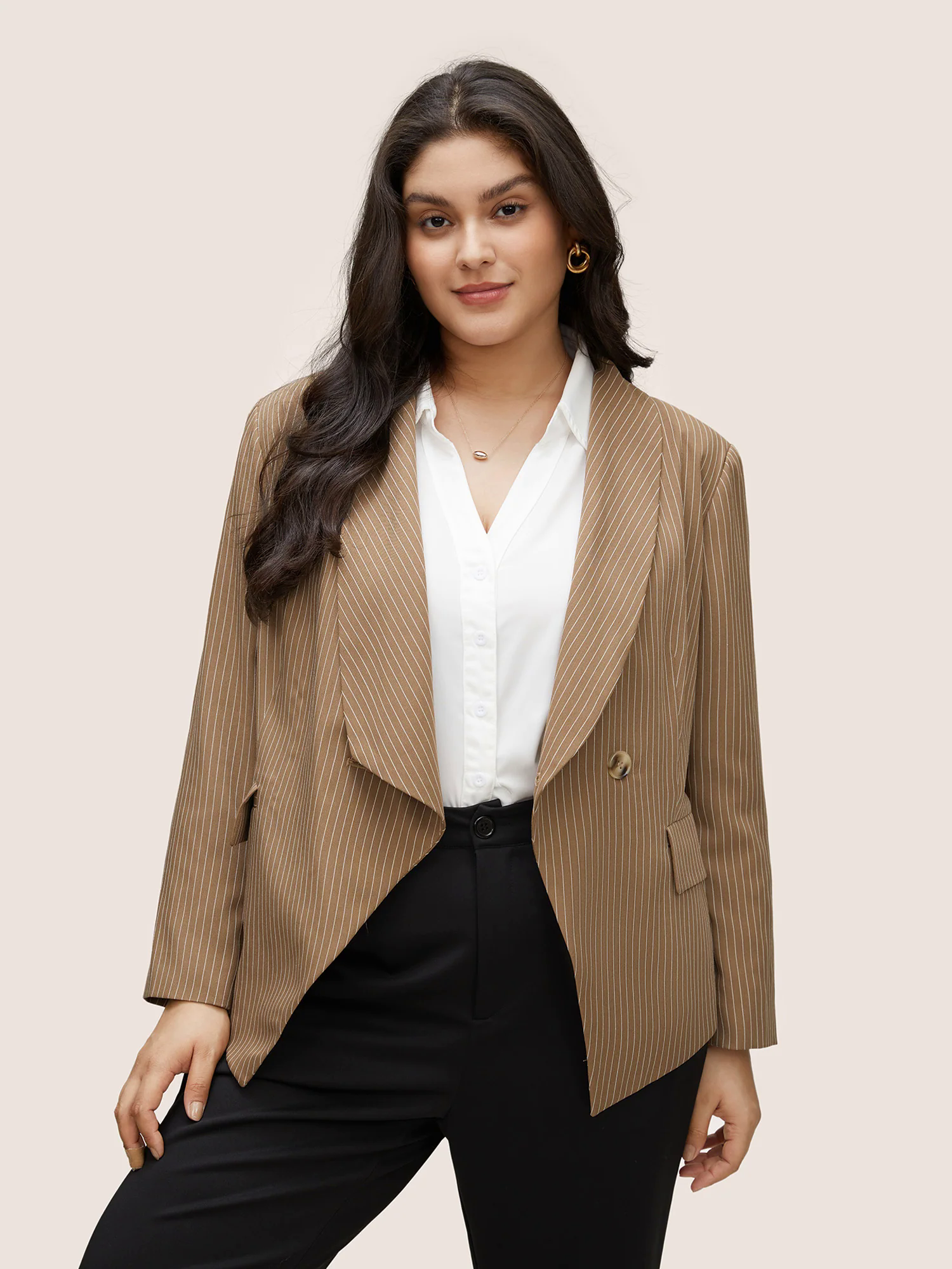 Striped Asymmetrical Hem Belted Flap Pocket Blazer Striped Asymmetrical Hem Belted Flap Pocket Blazer