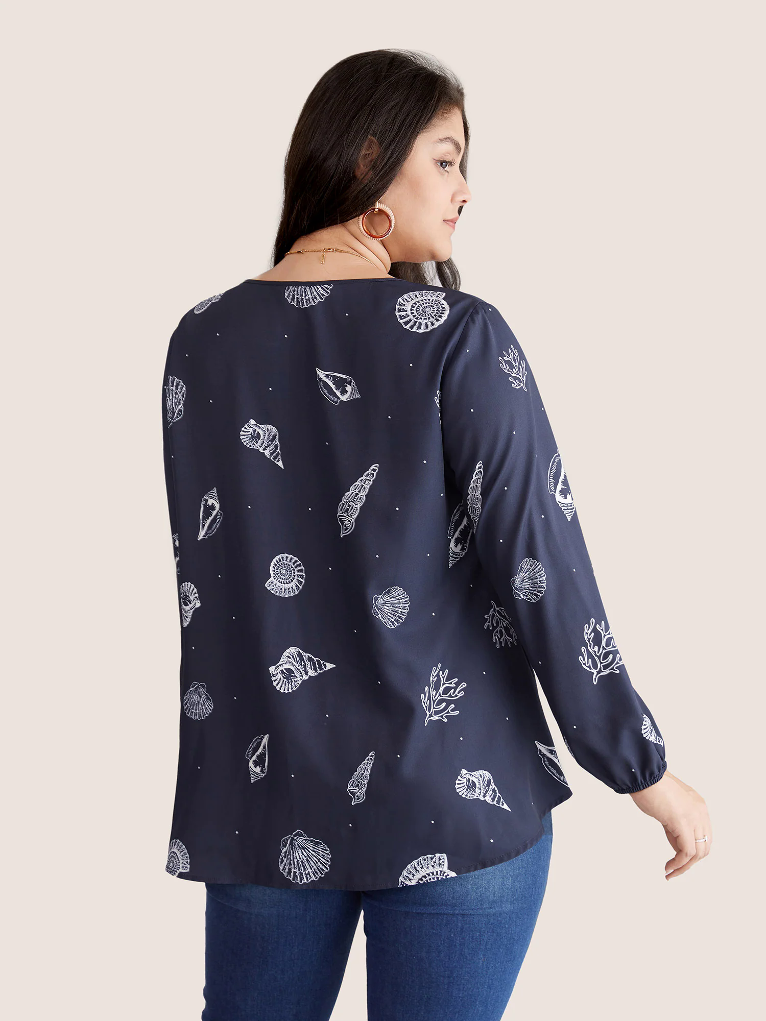 Marine Life Patterns Ties Gathered Blouse Marine Life Patterns Ties Gathered Blouse