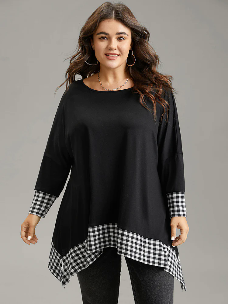 Plaid Patchwork Hanky Hem T-shirt Plaid Patchwork Hanky Hem T-shirt