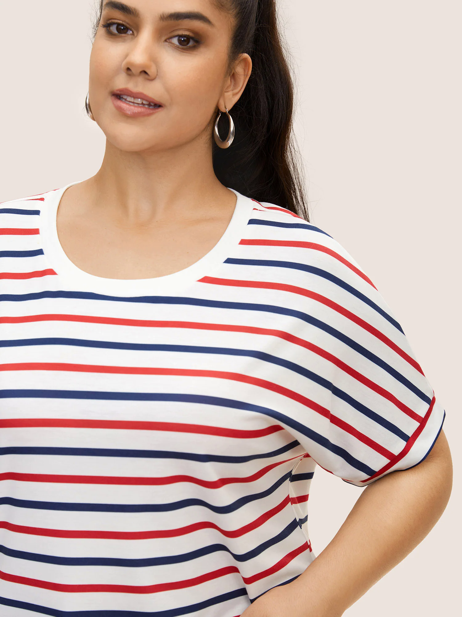 Crew Neck Contrast Striped Batwing Sleeve T-shirt Crew Neck Contrast Striped Batwing Sleeve T-shirt