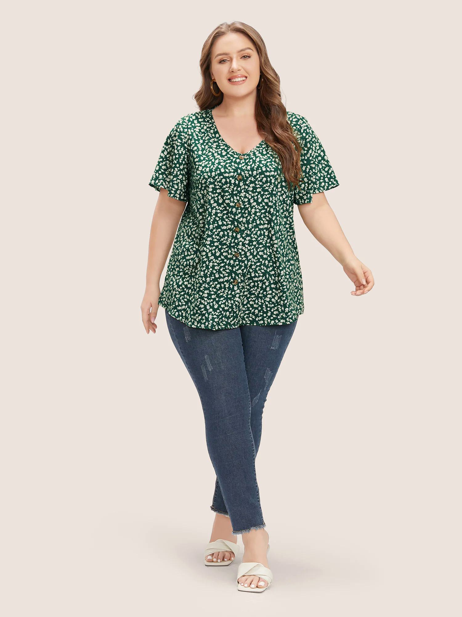 Ditsy Floral Ruffle Sleeve Button Detail Blouse Ditsy Floral Ruffle Sleeve Button Detail Blouse