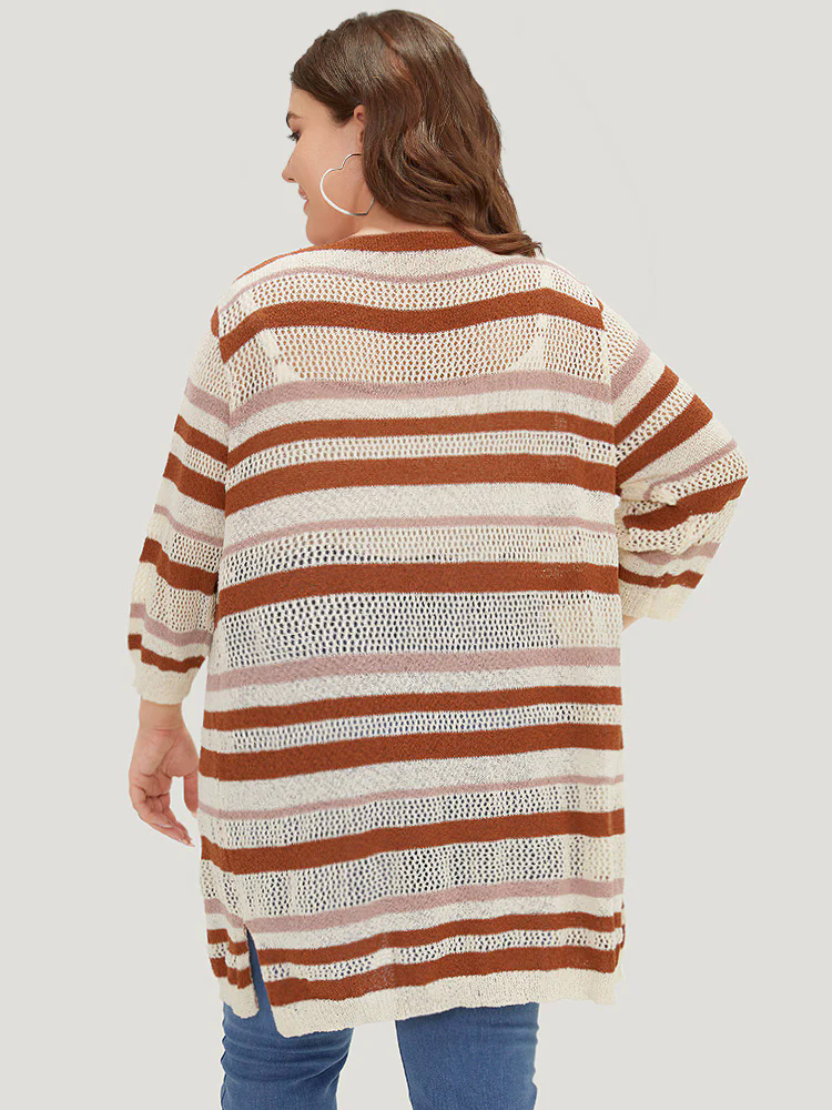 Striped Hollow Out Open Front Split Hem Cardigan