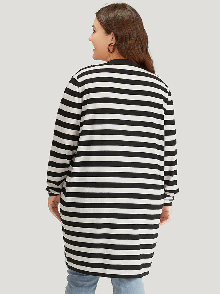Striped Open Front Drop Shoulder Tunic Cardigan