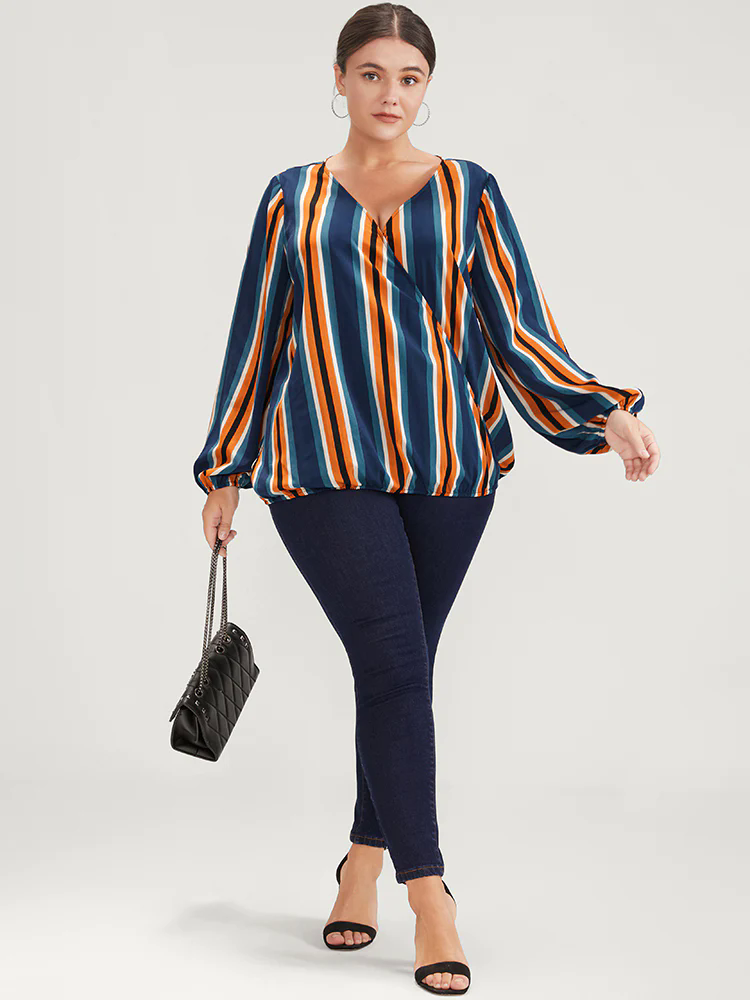 Striped Lantern Sleeve Wrap Blouse Striped Lantern Sleeve Wrap Blouse